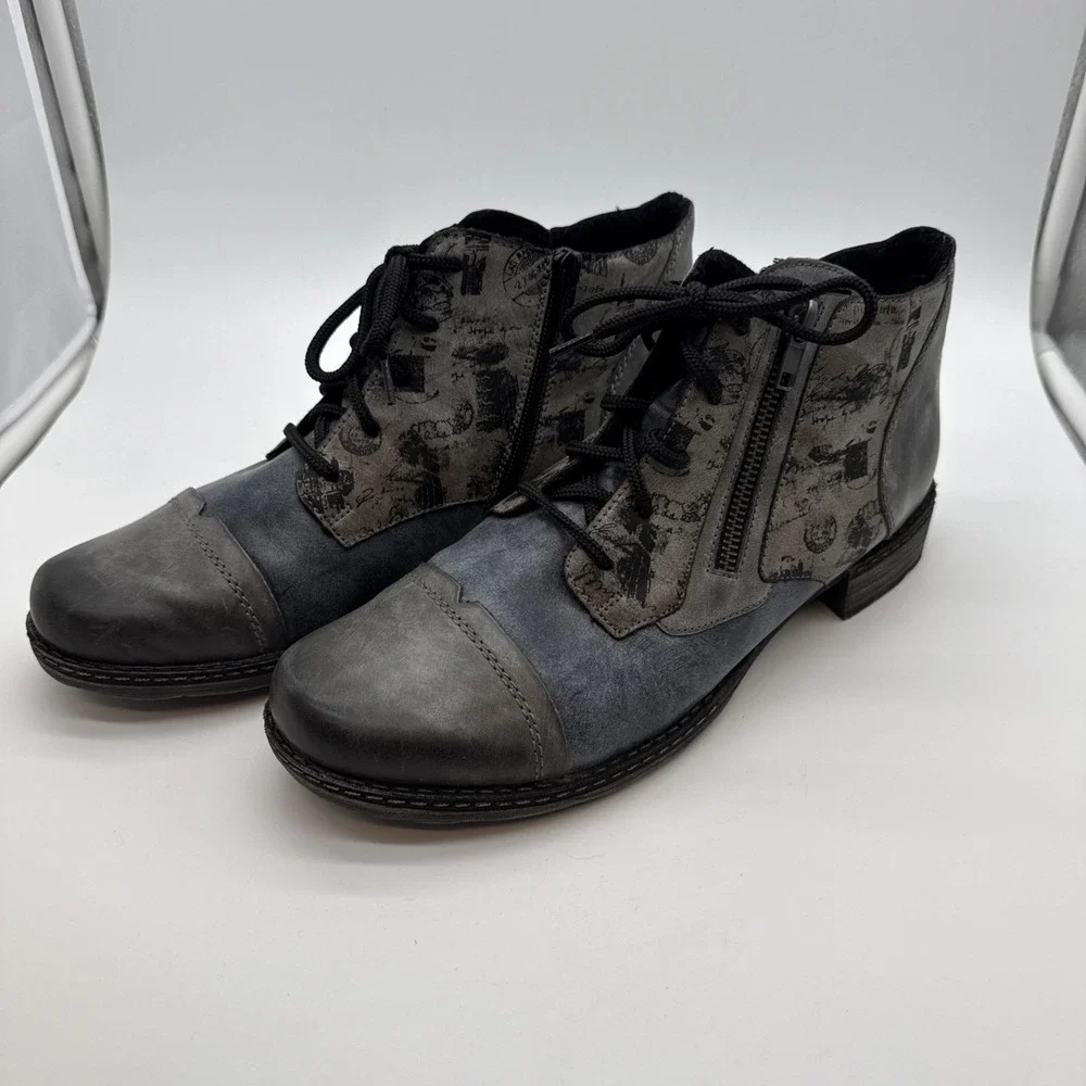 Remonte Chandra Boots Womens US 10/ EU 41 Gray Leather Lace Up Zip Ankle Booties